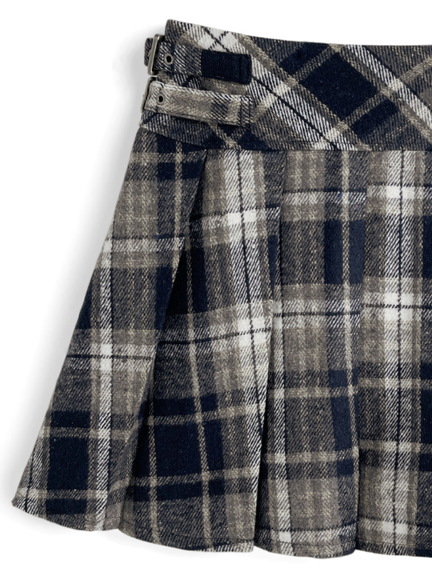 インパン裏地付きチェック柄サイドベルトプリーツミニスカート