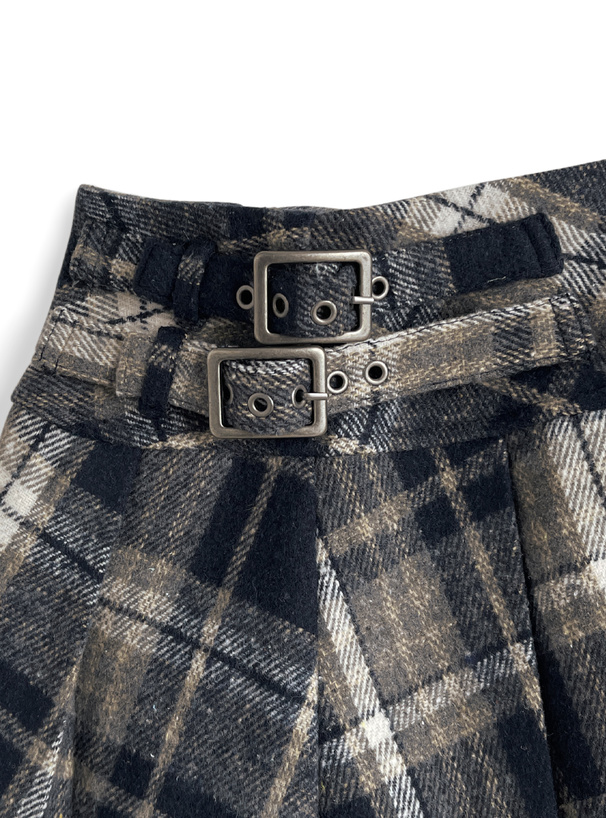 インパン裏地付きチェック柄サイドベルトプリーツミニスカート