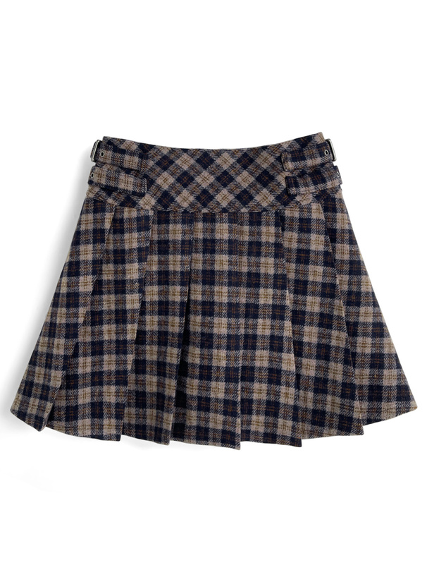 インパン裏地付きチェック柄サイドベルトプリーツミニスカート[dk1582]