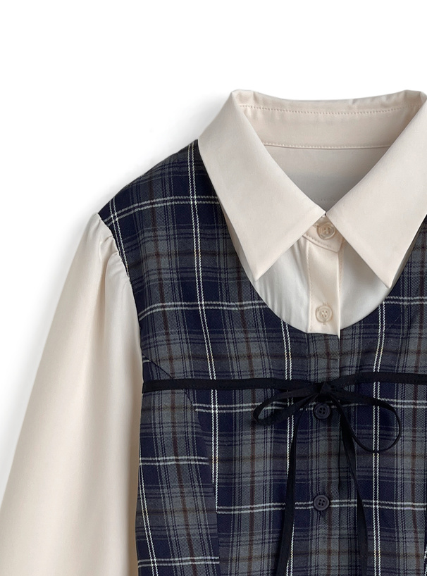 チェック柄レイヤード風プリーツミニワンピース