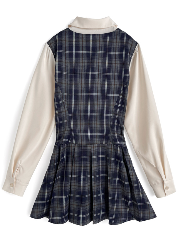 チェック柄レイヤード風プリーツミニワンピース