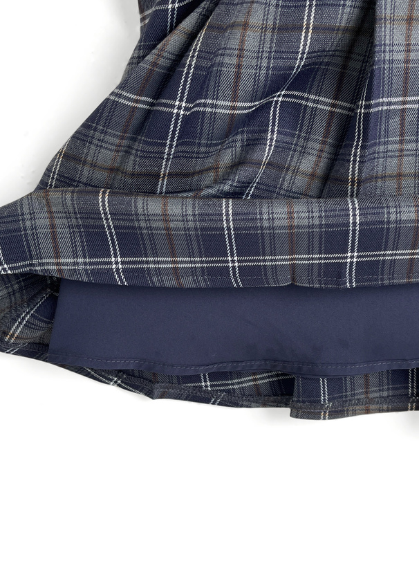 チェック柄レイヤード風プリーツミニワンピース