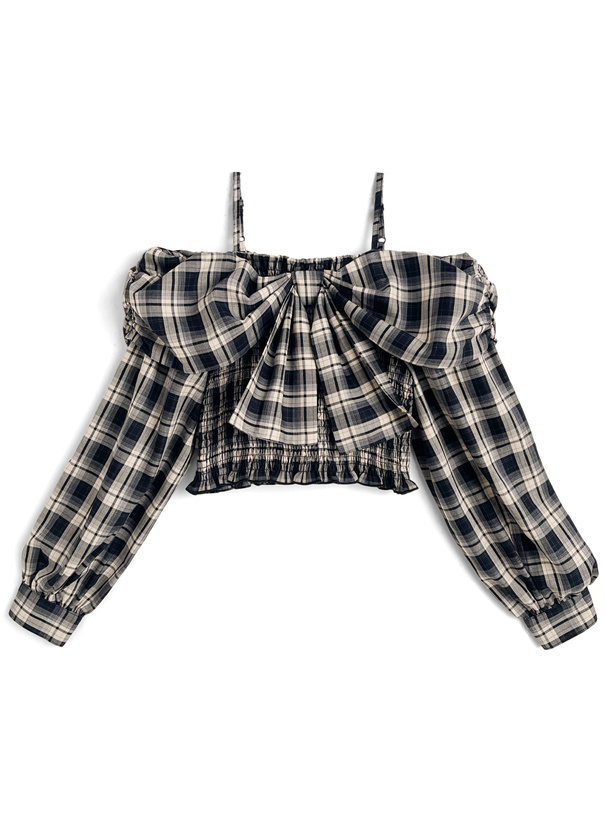 チェック柄ビッグリボンオフショルダートップス[dk1592]