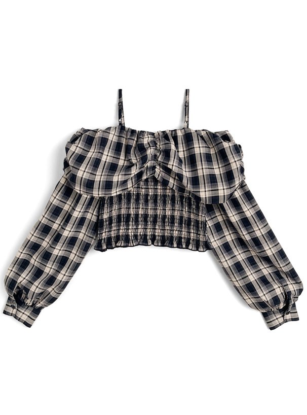 チェック柄ビッグリボンオフショルダートップス