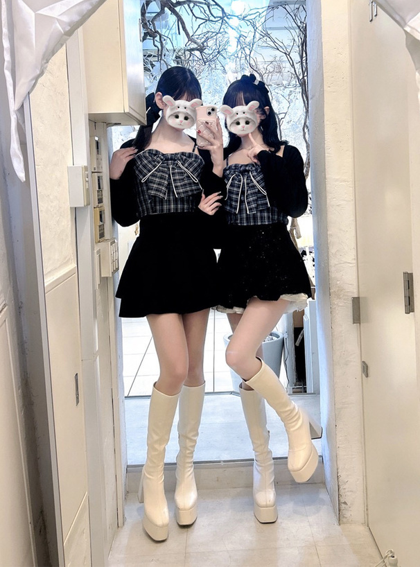 チェック柄ビッグリボンキャミソール×ボレロアンサンブル