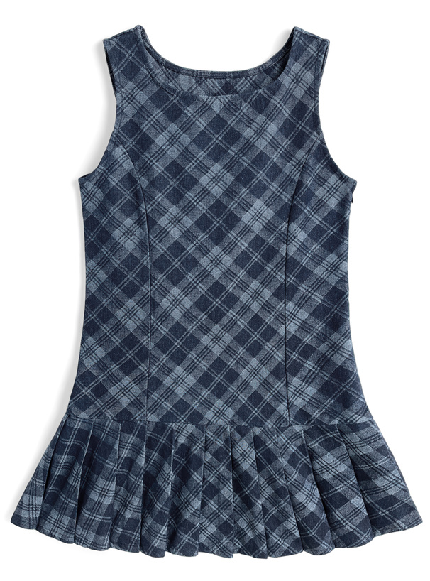 チェック柄ノースリーブプリーツデニムミニワンピース