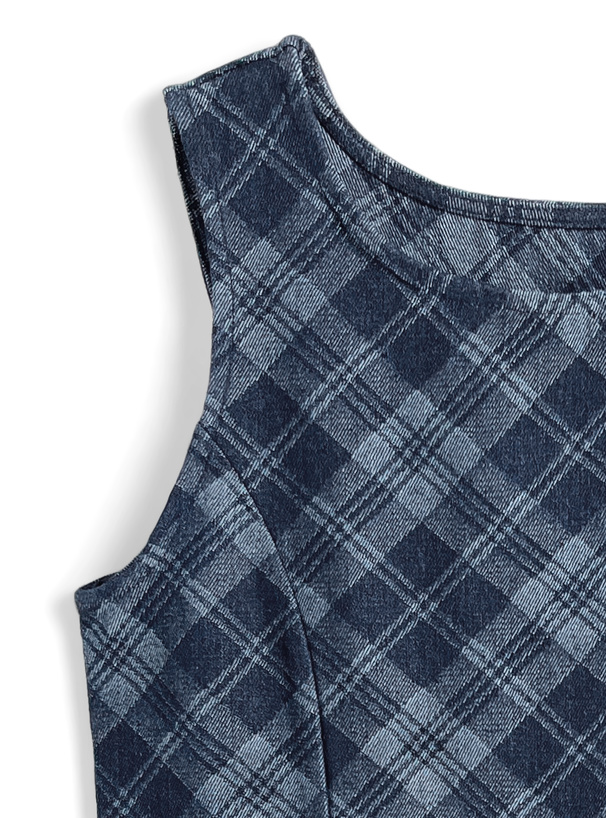 チェック柄ノースリーブプリーツデニムミニワンピース