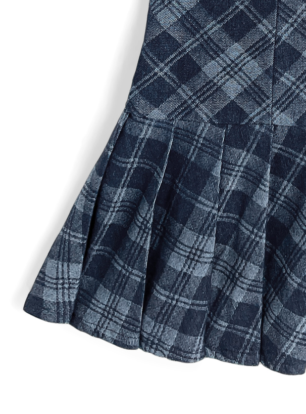 チェック柄ノースリーブプリーツデニムミニワンピース