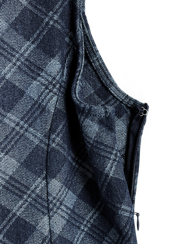 チェック柄ノースリーブプリーツデニムミニワンピース