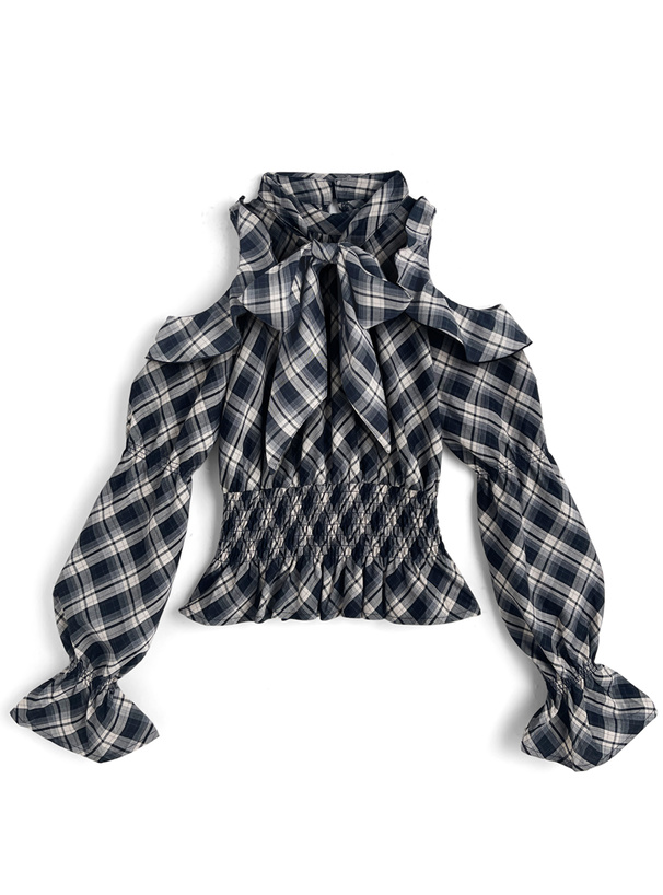 リボン付きチェック柄ショルダーオープントップス[dk1599]