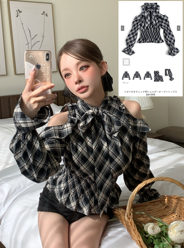 リボン付きチェック柄ショルダーオープントップス