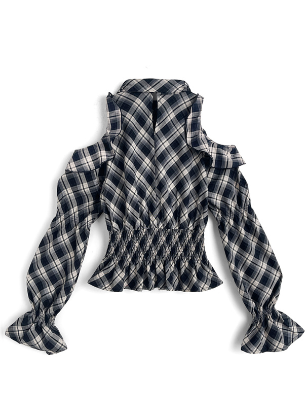 リボン付きチェック柄ショルダーオープントップス