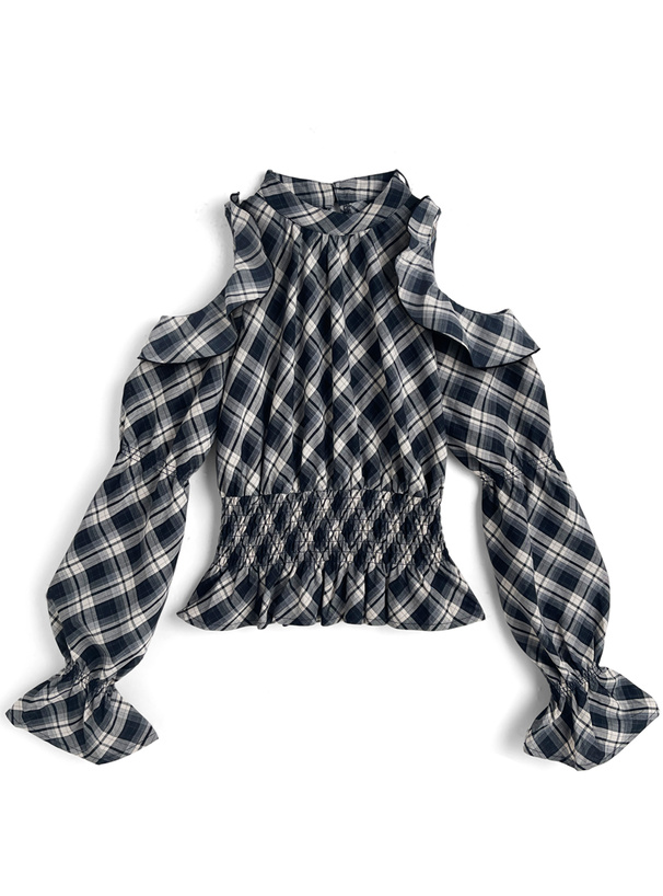 リボン付きチェック柄ショルダーオープントップス