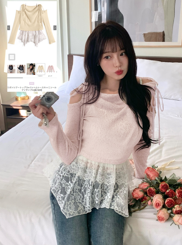 リボンシアードレープトップス×イレヘムレースキャミソールアンサンブル