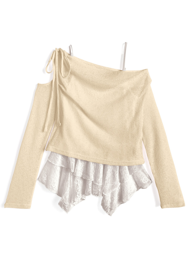 リボンワンショルダーシアートップス×イレヘムレースキャミソールアンサンブル