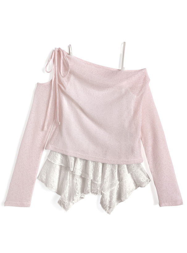 リボンワンショルダーシアートップス×イレヘムレースキャミソールアンサンブル