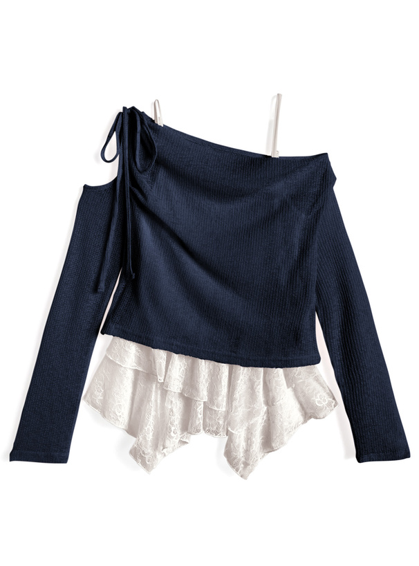 リボンワンショルダーシアートップス×イレヘムレースキャミソールアンサンブル