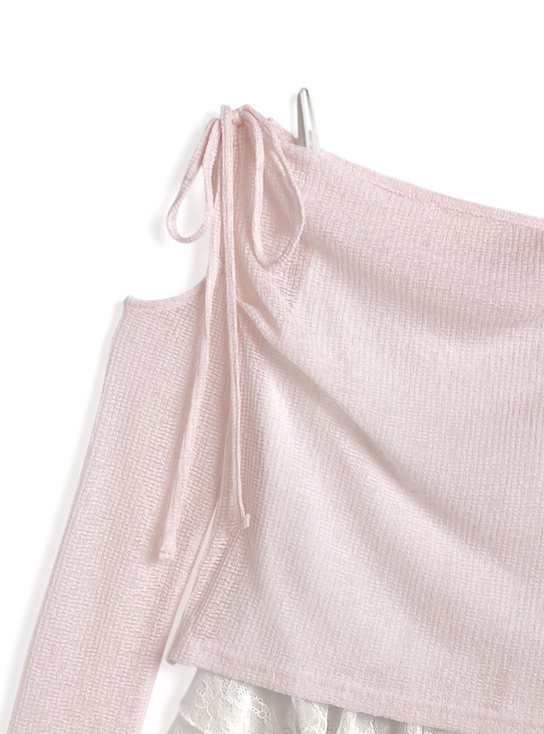 リボンワンショルダーシアートップス×イレヘムレースキャミソールアンサンブル