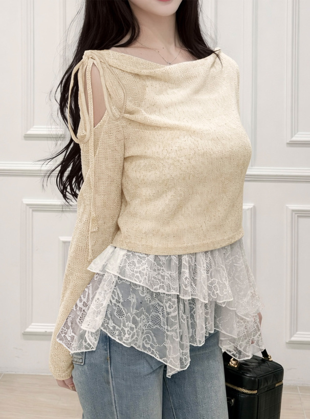 リボンワンショルダーシアートップス×イレヘムレースキャミソールアンサンブル