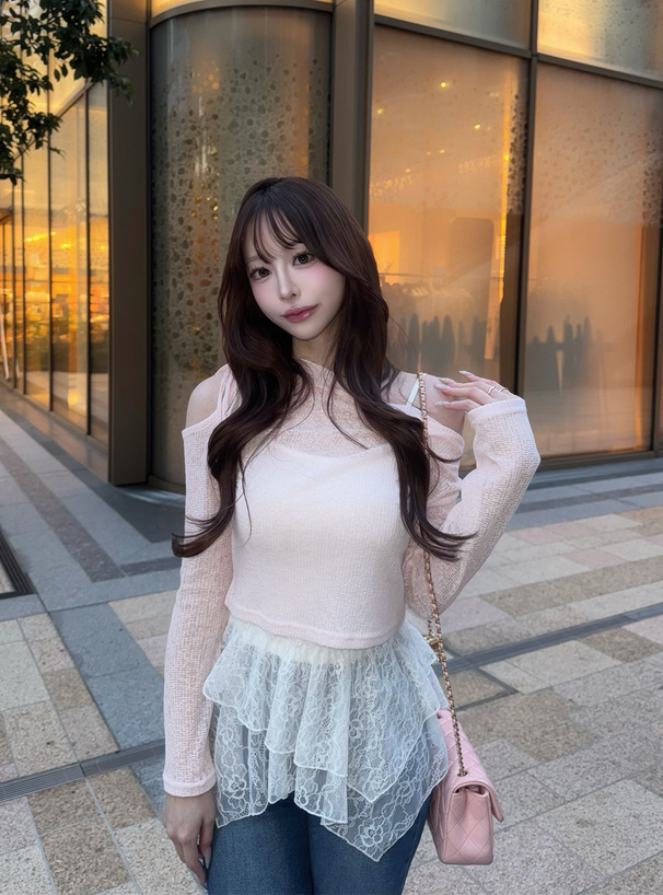 リボンワンショルダーシアートップス×イレヘムレースキャミソールアンサンブル