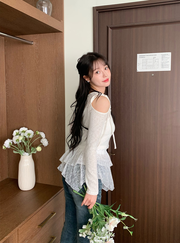 リボンワンショルダーシアートップス×イレヘムレースキャミソールアンサンブル