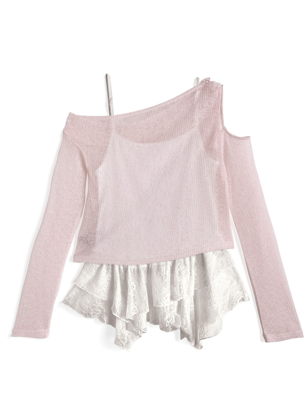 リボンワンショルダーシアートップス×イレヘムレースキャミソールアンサンブル