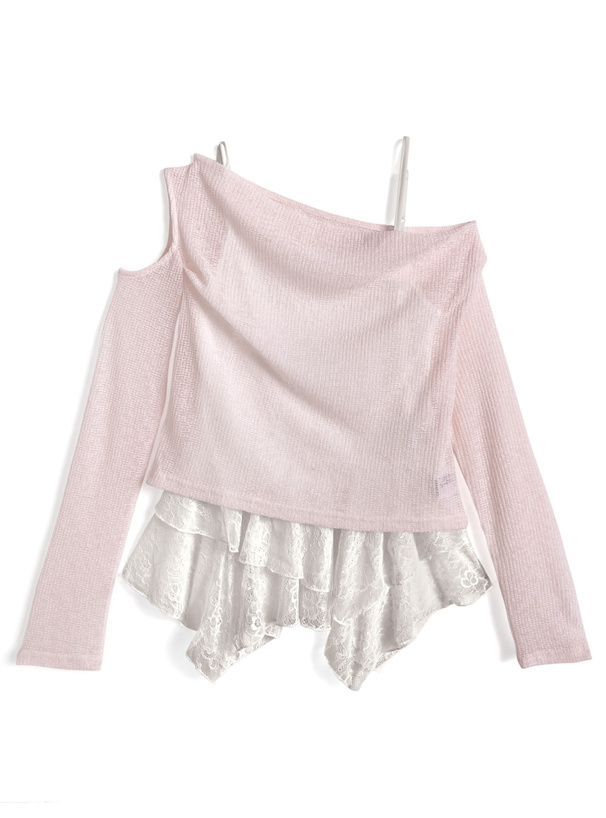 リボンワンショルダーシアートップス×イレヘムレースキャミソールアンサンブル