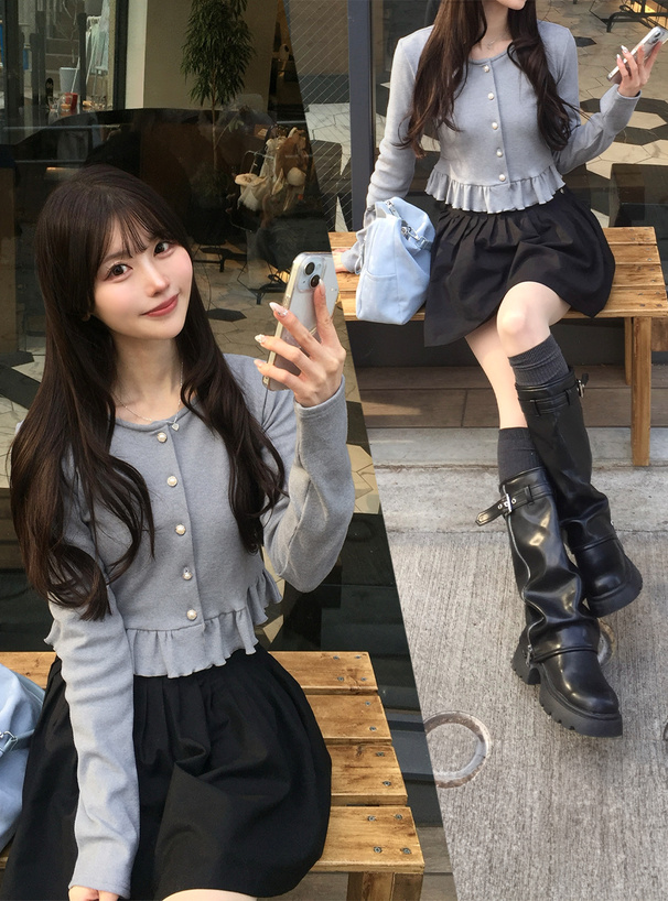 パールボタンフリルニットカーディガン