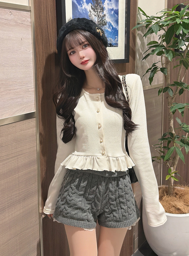 パールボタンフリルニットカーディガン