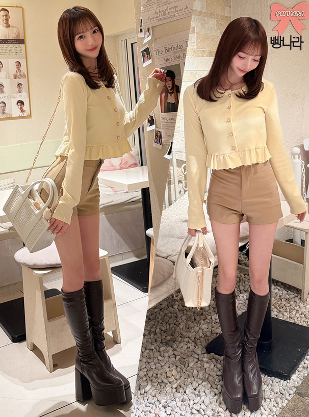 パールボタンフリルニットカーディガン