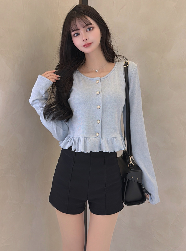 パールボタンフリルニットカーディガン