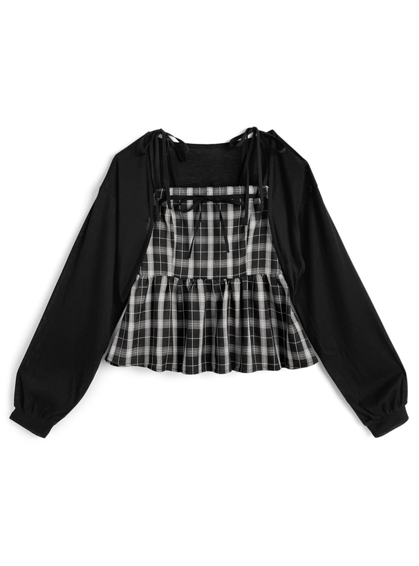 チェック柄リボンキャミソール×ボレロアンサンブル[dk1607]