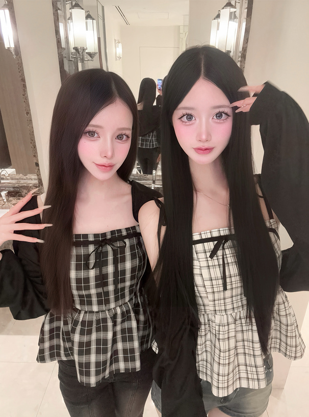 チェック柄リボンキャミソール×ボレロアンサンブル