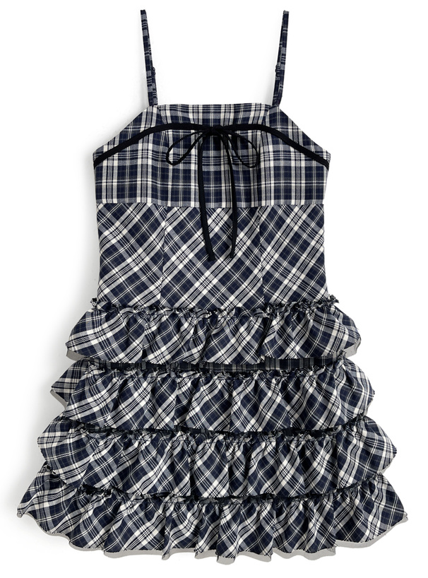 チェック柄ティアードフリルキャミソールミニワンピース