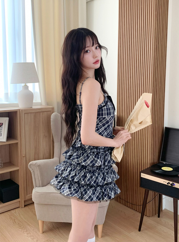 チェック柄ティアードフリルキャミソールミニワンピース
