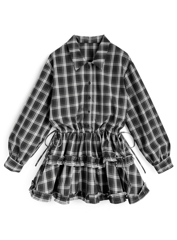 チェック柄フリルリボンシャツミニワンピース[dk1613]