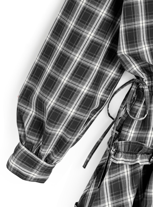 チェック柄フリルリボンシャツミニワンピース