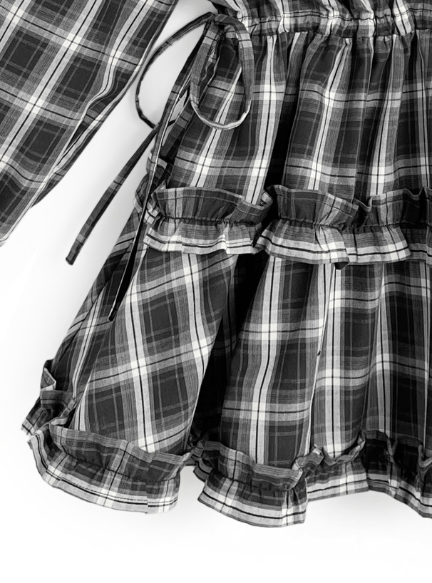 チェック柄フリルリボンシャツミニワンピース