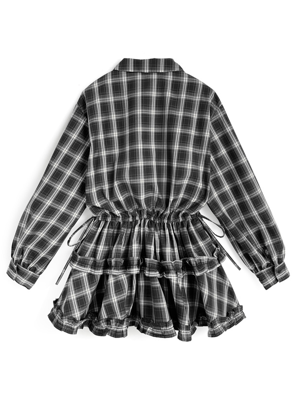 チェック柄フリルリボンシャツミニワンピース