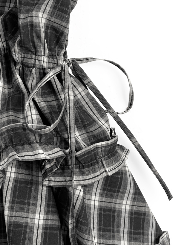 チェック柄フリルリボンシャツミニワンピース