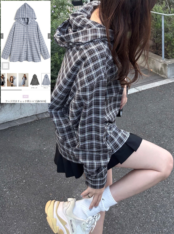フード付きチェック柄シャツ