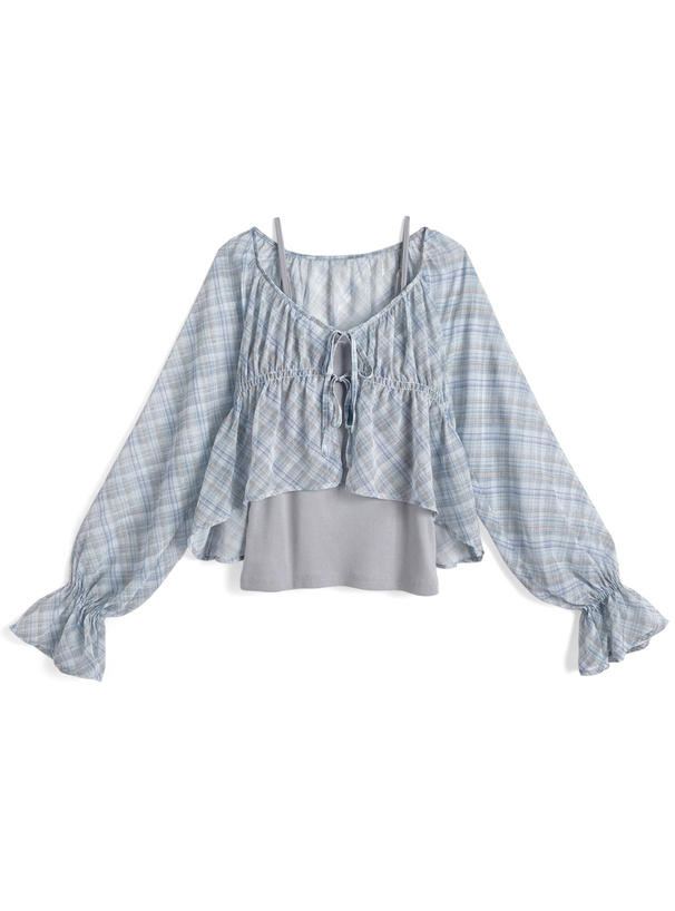 チェック柄シアーボレロ×カップ付きキャミソールアンサンブル[dk1619]