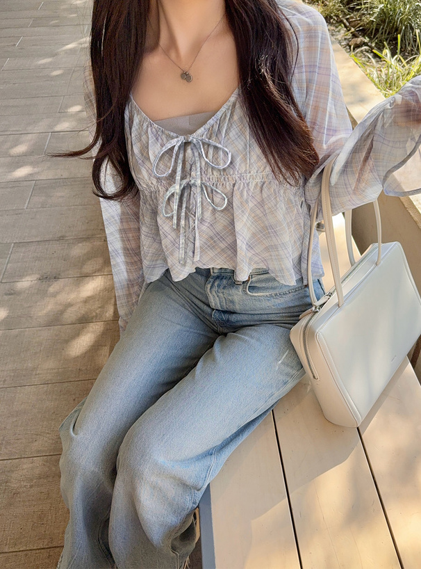 チェック柄シアーボレロ×カップ付きキャミソールアンサンブル