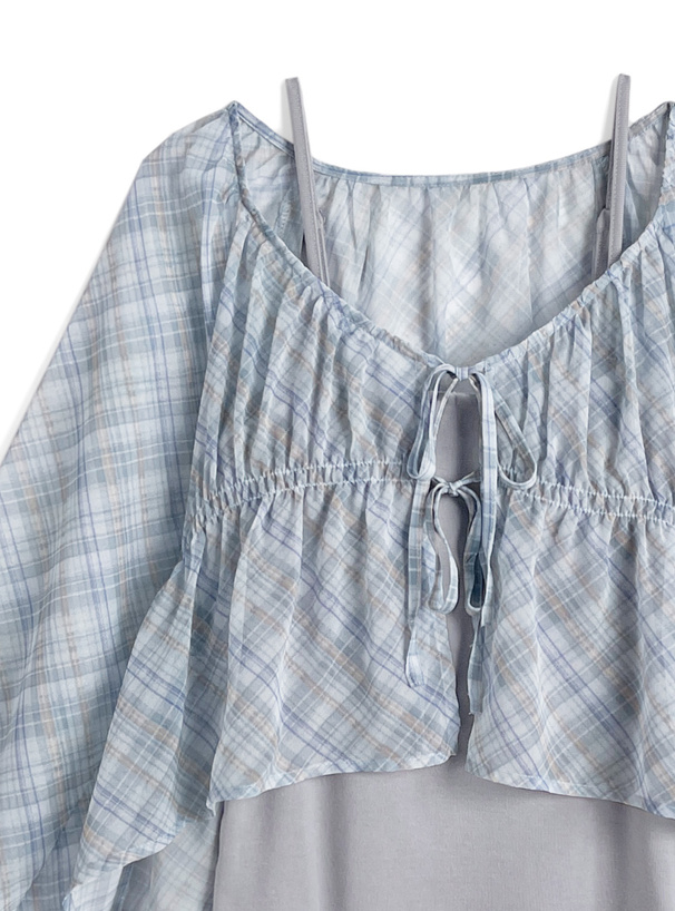 チェック柄シアーボレロ×カップ付きキャミソールアンサンブル