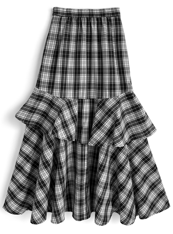 インパン付きチェック柄アシンメトリーフリルスリットスカート