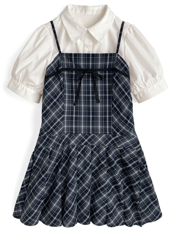 パフスリーブブラウス×チェック柄リボンプリーツキャミソールワンピースセットアップ