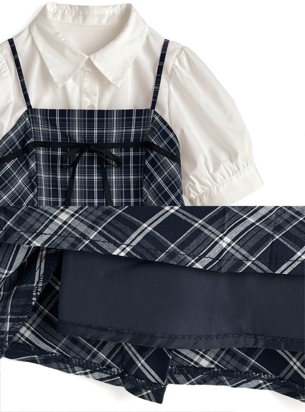 パフスリーブブラウス×チェック柄リボンプリーツキャミソールワンピースセットアップ