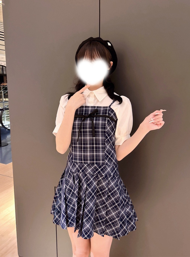 パフスリーブブラウス×チェック柄リボンプリーツキャミソールワンピースセットアップ