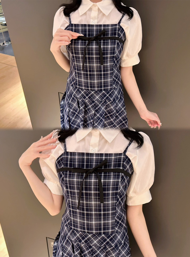 パフスリーブブラウス×チェック柄リボンプリーツキャミソールワンピースセットアップ