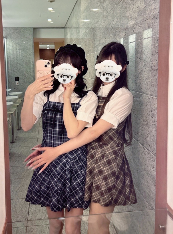 パフスリーブブラウス×チェック柄リボンプリーツキャミソールワンピースセットアップ